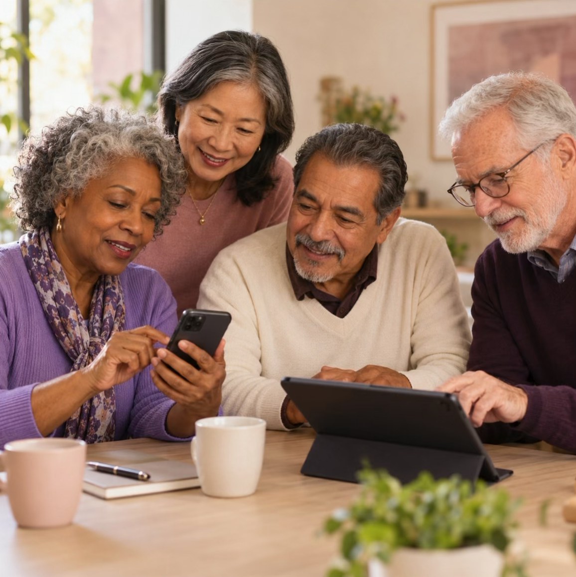 Four older adults smiling around a table, learning together on a smartphone and tablet